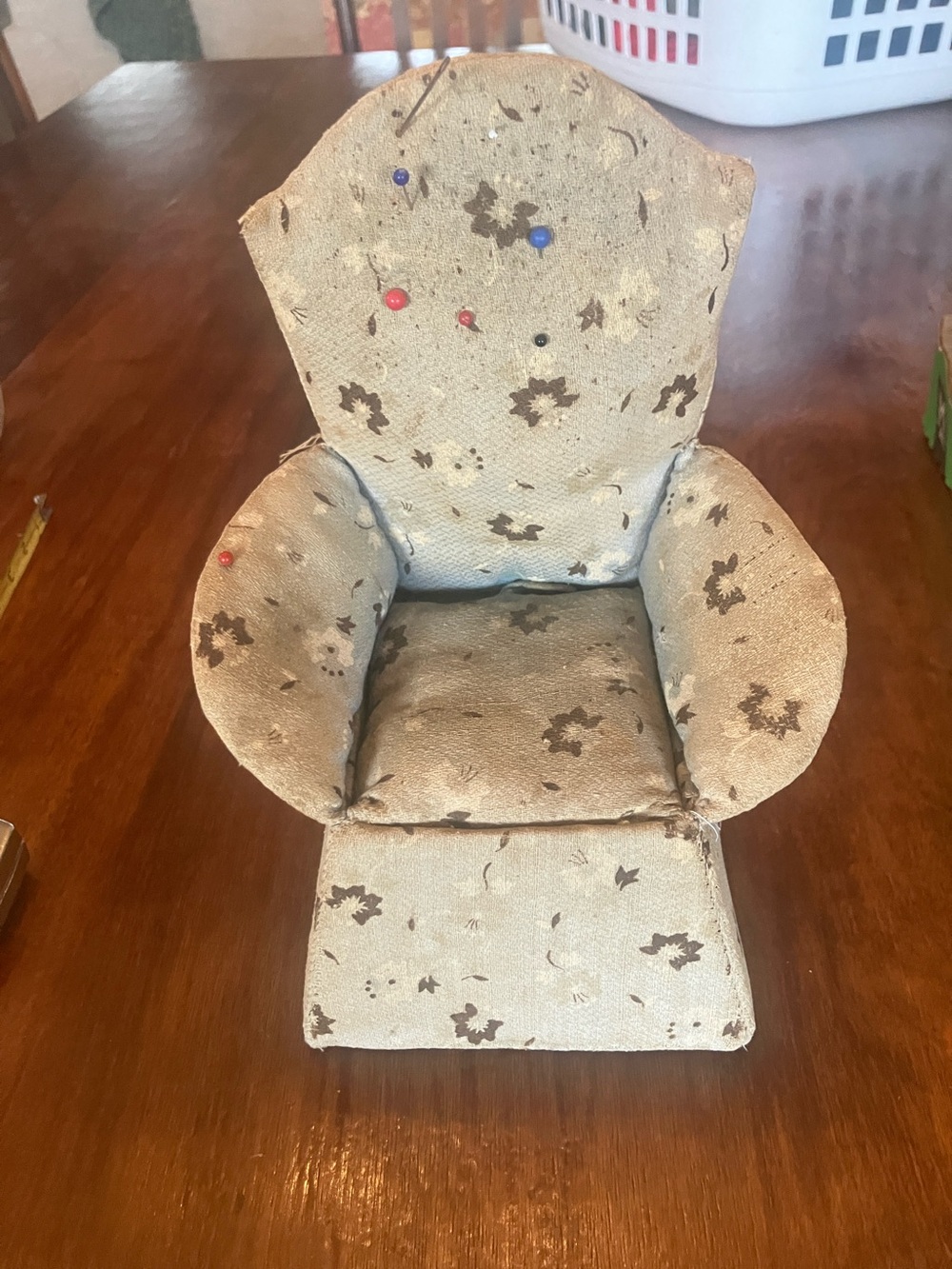 Small Floral Pincushion Chair in Very Light, Faded Blue Fabric